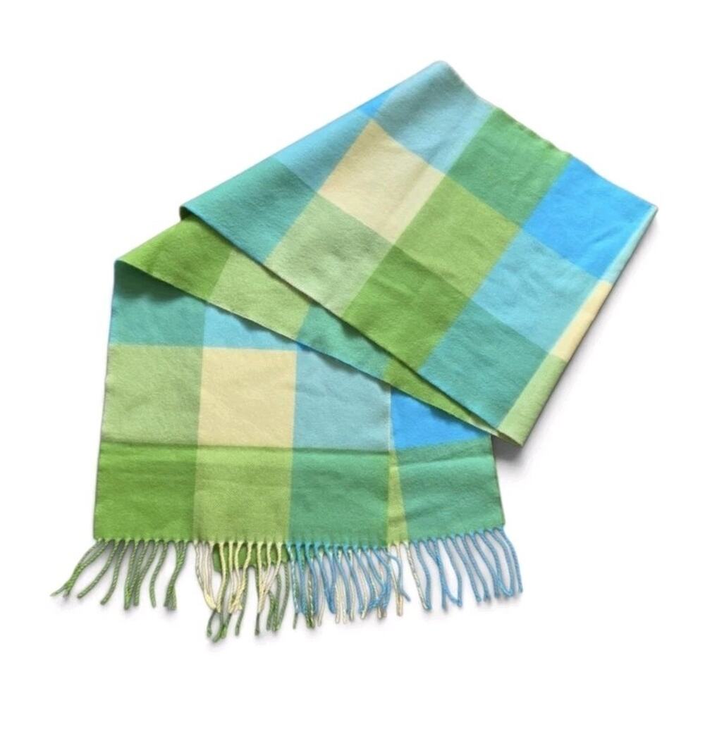 100% Cashmere Plaid Check Rectangle Scarf Soft Multicolor Fringe Scotland 12x66